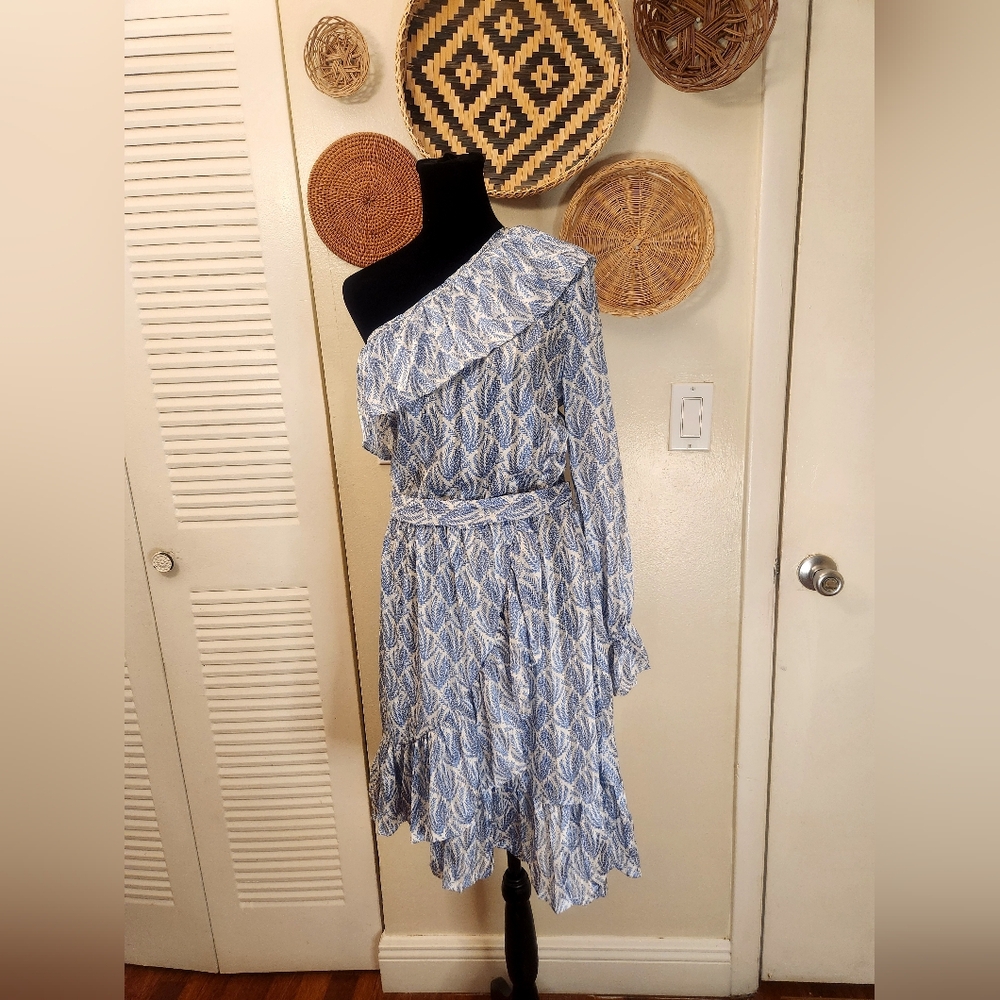 LAST ONE! White and Blue One Sleeve Ruffle Mini Dress With Wrap - Picture 12 of 13